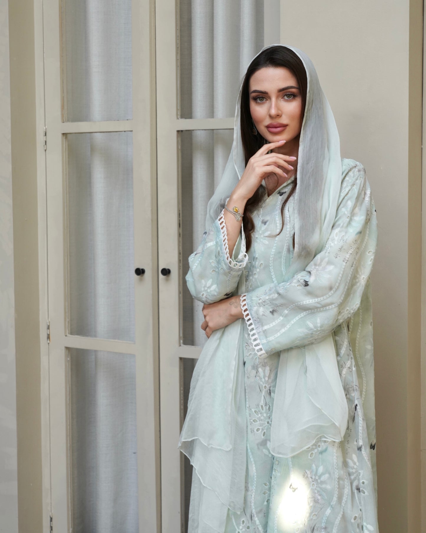 Mint Embroidery Kaftan With Sheila