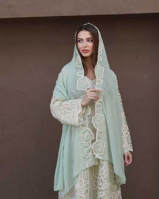 Mint Pearl Petals Kaftan with Sheila