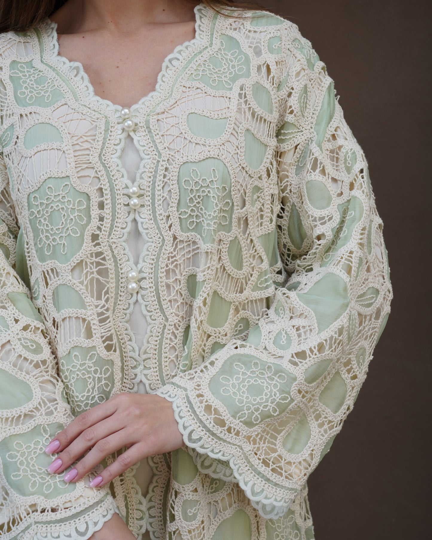 Mint Pearl Petals Kaftan with Sheila